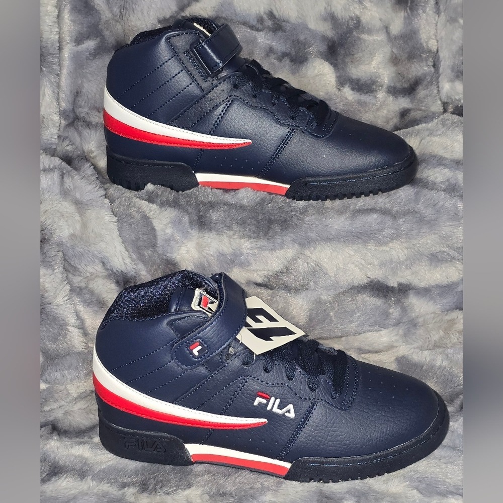 NWB Fila F-13 Sneakers Navy White Red High‎ Top Hook and Loop Kids Size 6
